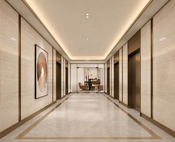 Polished arrival gallery and lift-lobby atmosphere