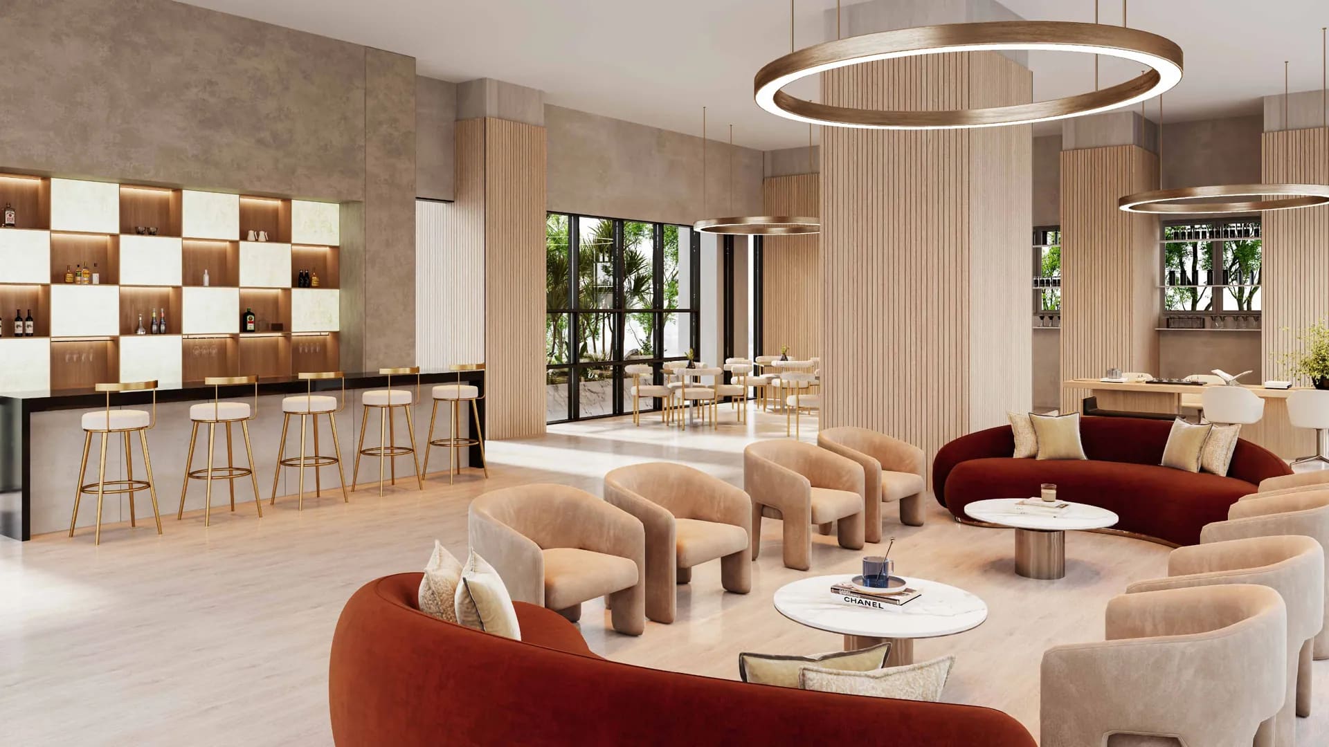 Social lounge at Cappella Embassy with a pantry counter, curved seating and a ring pendant — artist's impression